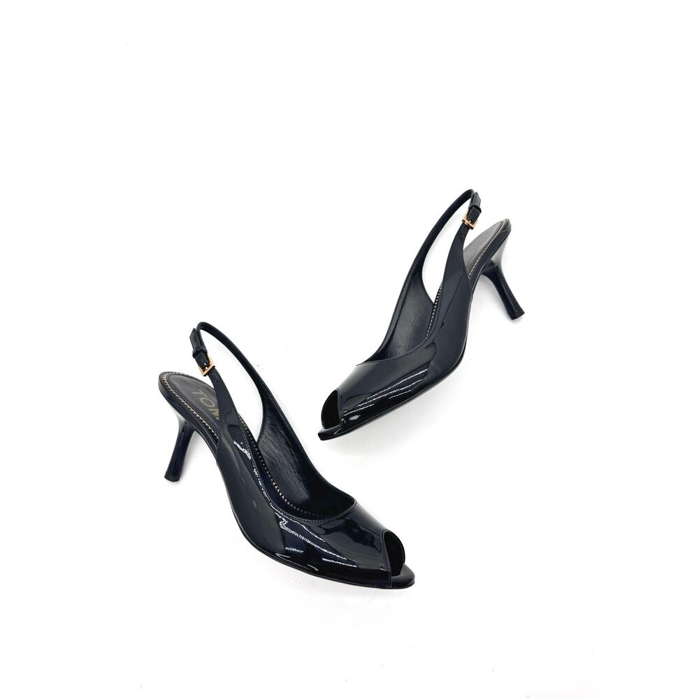 Tom Ford Black Patent Leather Peep Toe Slingback Heels Studded Trim EU 40